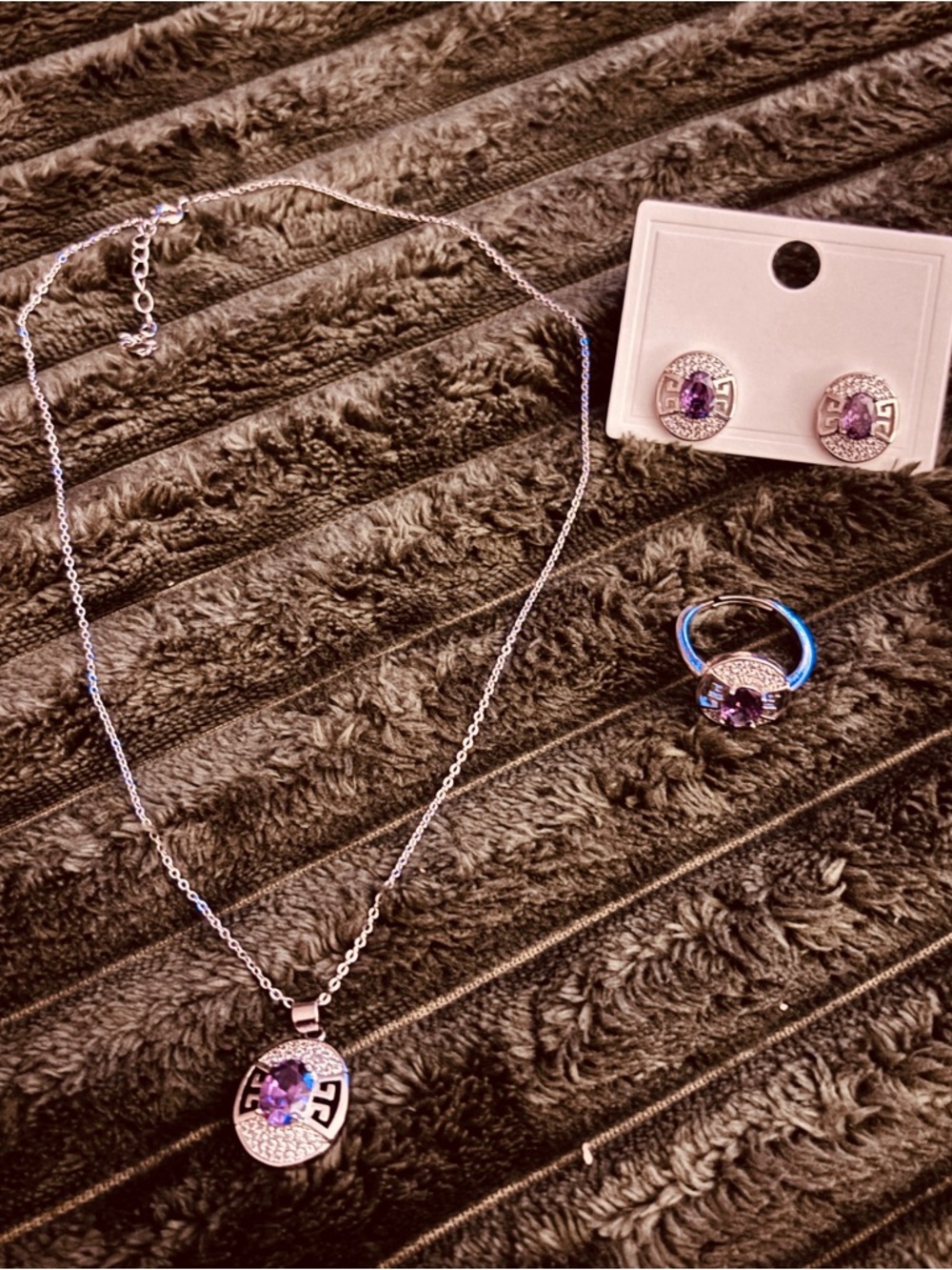Silver Necklace, Ring & Earring Set with Purple Gemstones-Size 8